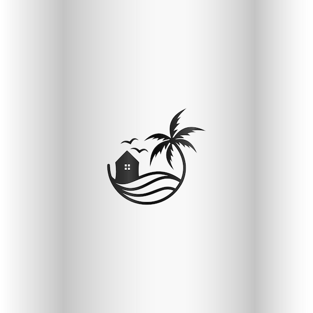 Bungalow beach house with a palm tree vector landscape sketch for icons logo