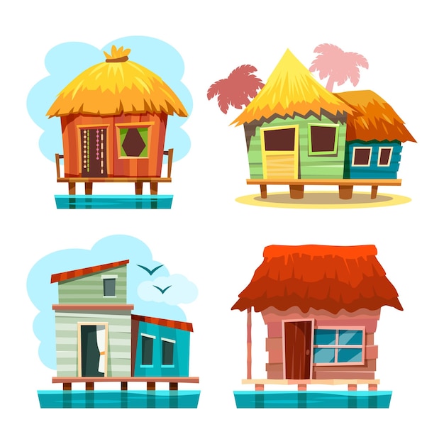 バンガローの家または島の別荘、漫画イラスト。夏休みや漁業のための熱帯の小屋やテント。ヤシの木のキャビン、シーリゾートコテージ