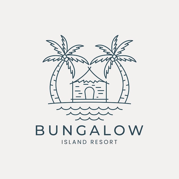 Vector bungalow line art logo vector illustration template design resort island palm tree and ocean logo