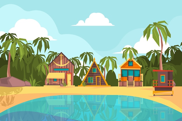 방갈로 해변. 열대 작은 집 바다 호텔 파라다이스 배경으로 여름 해변. 바다 여름 방갈로, 열대 해변 낙원 그림