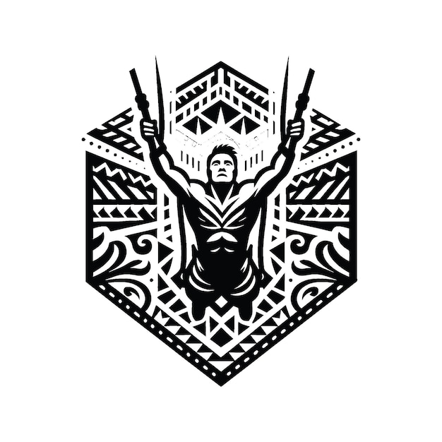 bungee jumping male player in ethnic polynesia pattern illustration emblem shield badge