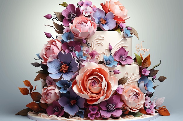 ベクトル 青い背景のフード デザイン トレンドに新鮮なバラで飾られた二段ピンク クリーム ウエディング ケーキ