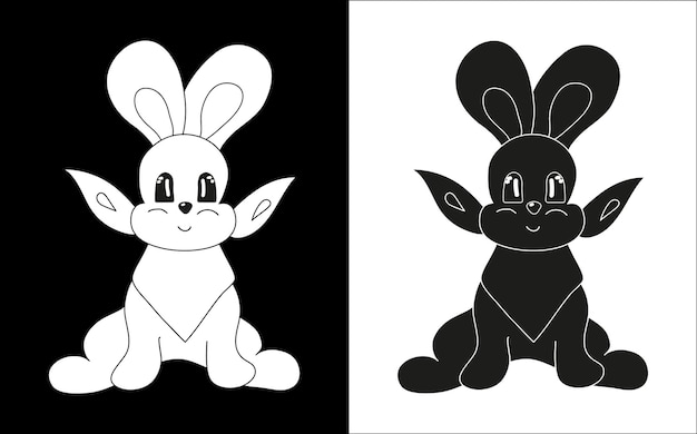 Bunnies baby silhouettes Black and white outline Vector image of rabbits hares in doodle style
