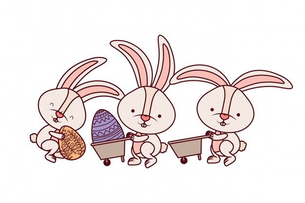 Vector bunnies with wheelbarrow and easter egg icon