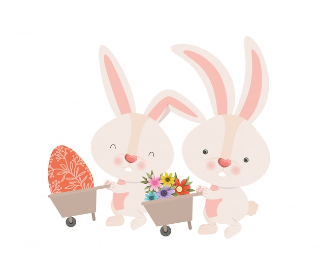 Bunnies with wheelbarrow and easter egg icon