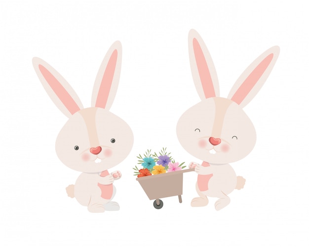 Bunnies with wheelbarrow and flowers isolated icon