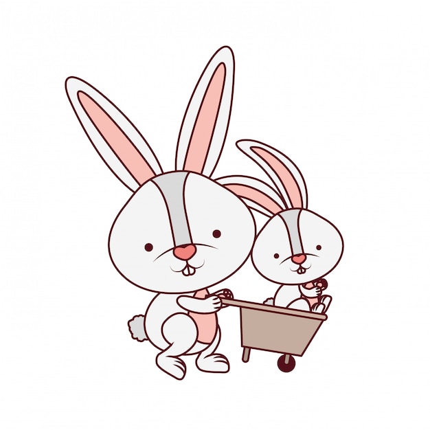 Bunnies with wheelbarrow isolated icon