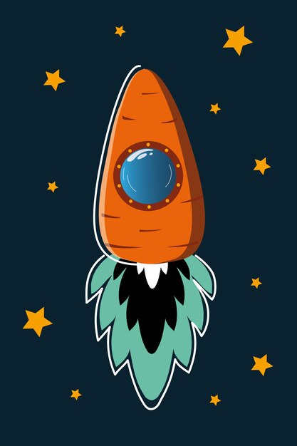 Bunny astronaut on the moon with stars in Carrot rocket in veggie space vector illustration