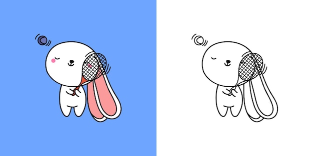 Bunny Athlete Clipart for Coloring Page and Multicolored Illustration. Adorable Rabbit Sportsman.