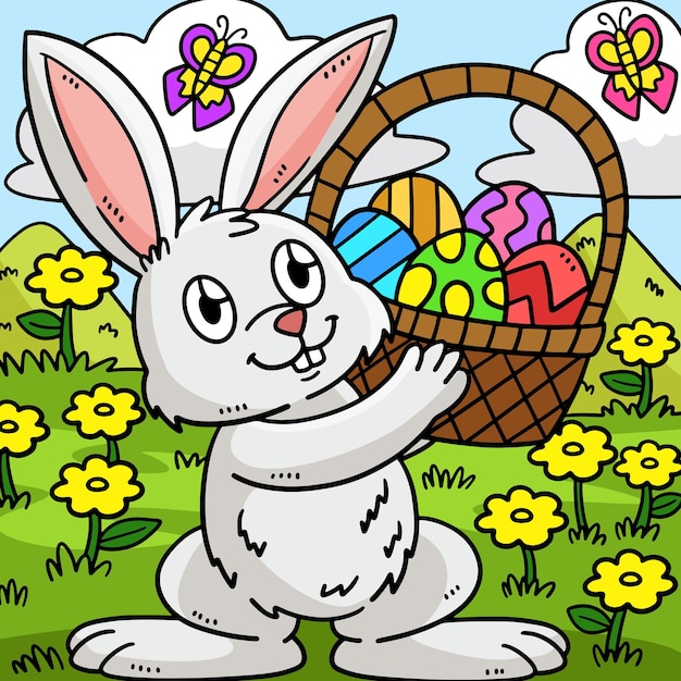 Bunny and Basket of Easter Eggs Colored Cartoon