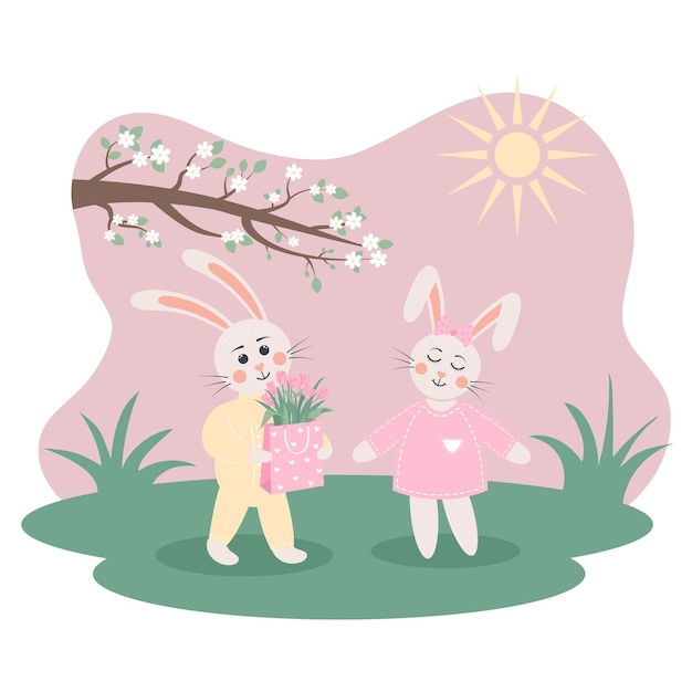토끼 소년은 토끼 소녀에게 패킷에 튤립 꽃다발을 제공합니다 초원에서 사랑에 귀여운 토끼