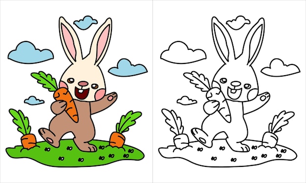 Vector bunny carrot and grass happy banny baby bunny brown rabbit