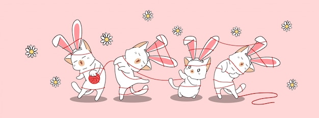 벡터 봄 날에 토끼 고양이 캐릭터