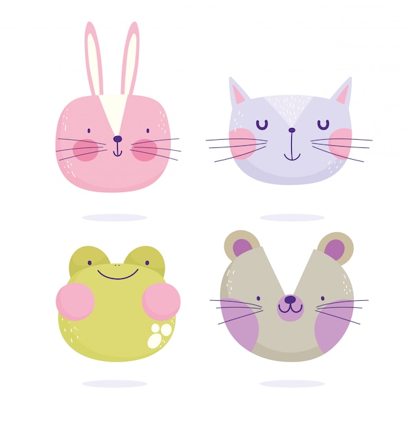 토끼 고양이 마우스 개구리 얼굴 동물 만화 귀여운 텍스트