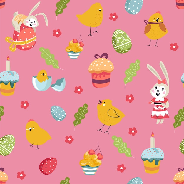 Vector bunny on colored egg chicken n shell and baked cake with icing and cherry decor easter holiday celebration and fun in spring season seamless pattern background or print vector in flat style