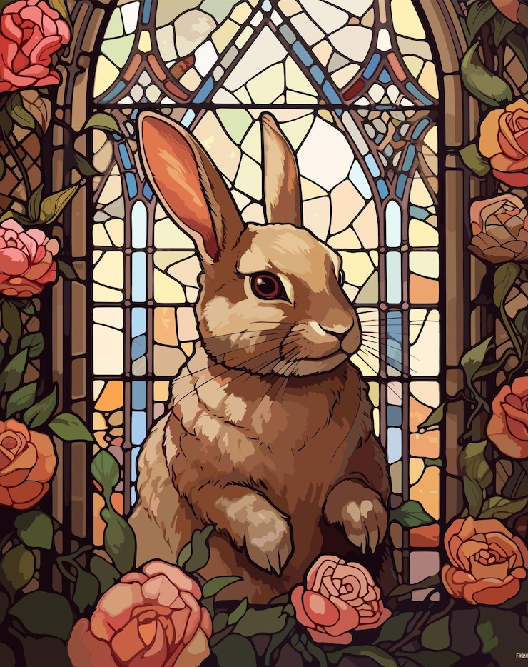 Vector bunny colorful watercolor stained glass cartoon clipart animal lunar new year concept