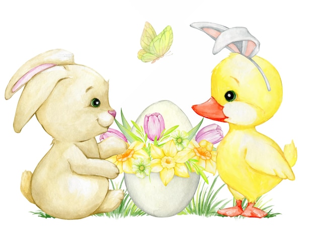 Bunny duckling butterfly easter egg flowers watercolor clipart in cartoon style for the easter holiday