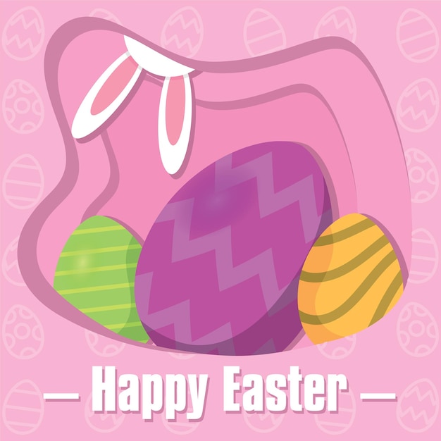 Bunny ears and group of painted easter eggs Happy easter Vector