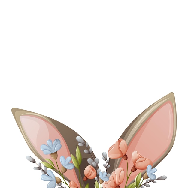 Bunny ears surrounded by flowers and willow branches. Easter spring theme. Vector illustration