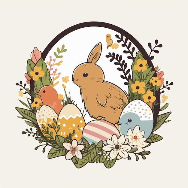 A bunny and eggs in a frame with flowers and a bunny