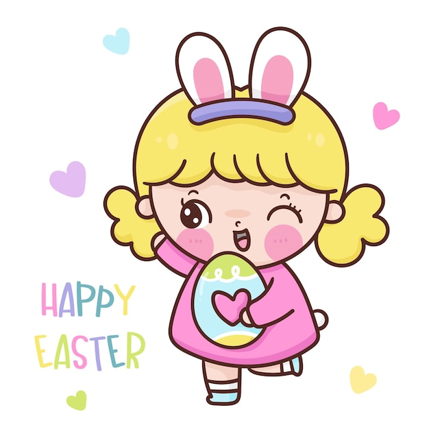 Vector bunny girl holding easter egg kawaii cartoon