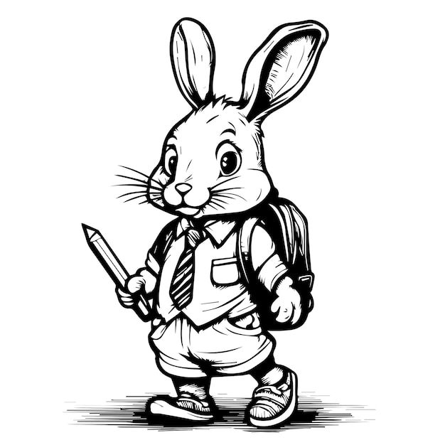 Bunny goes to school cute sketch character design rabbit schoolboy in funny is coming doodle funny