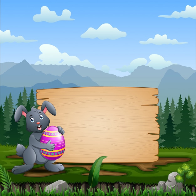 A bunny holding Easter Egg with blank wooden sign