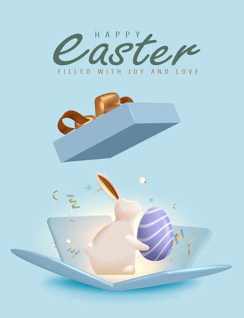 Кролик держит яйцо внутри открытой подарочной коробки для сюрприза Happy Easter 3D Realistic