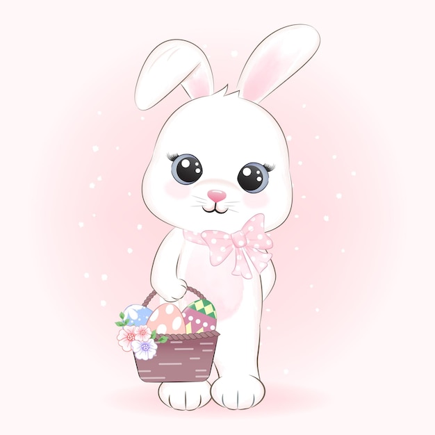 Bunny holding eggs in basket, easter day concept