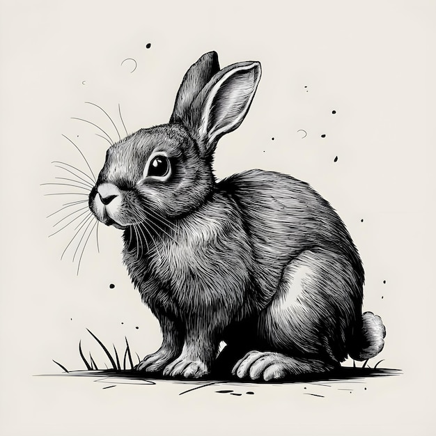 Bunny ink sketch drawing black and white engraving style vector illustration