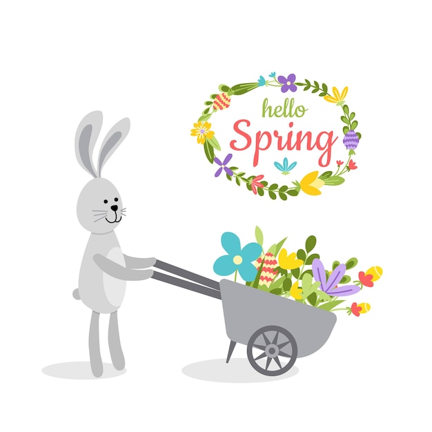 Bunny is carrying wheelbarrow with blooming flowers floral rabbit barrow hello spring card flat cartoon isolated vector stock illustration eps 10 on white