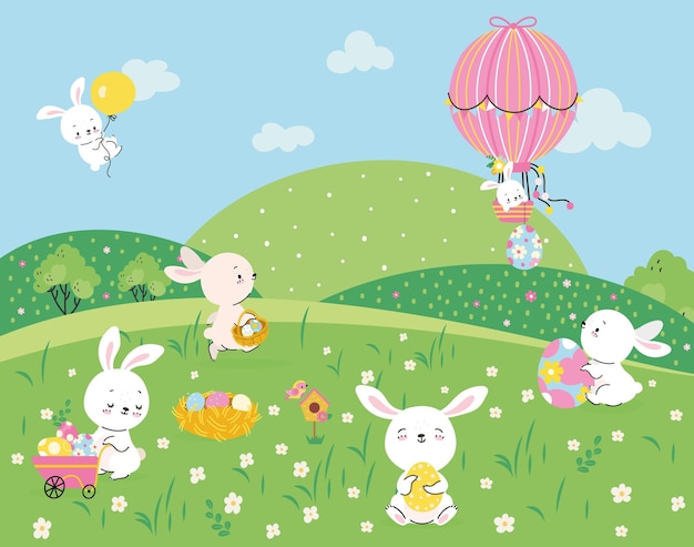 Vector bunny on meadow garden bunnies play hunting eggs easter rabbit with color egg on cartoon green floral hills animal fly on hot air balloon nowaday vector scene