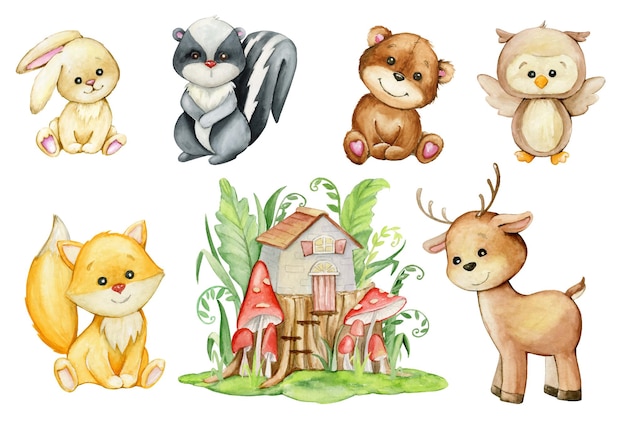 Bunny, owl, deer, skunk, bear, fox, house, stump mushrooms. Watercolor set, animals, in cartoon style.