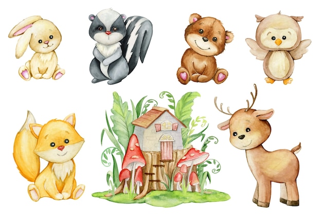 Coniglio, gufo, cervo, puzzola, orso, volpe, casa, ceppo di funghi. set acquerello, animali, in stile cartone animato.