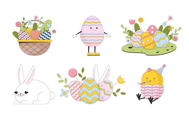 Vector bunny paschal eggs line cartoon flat illustrations set