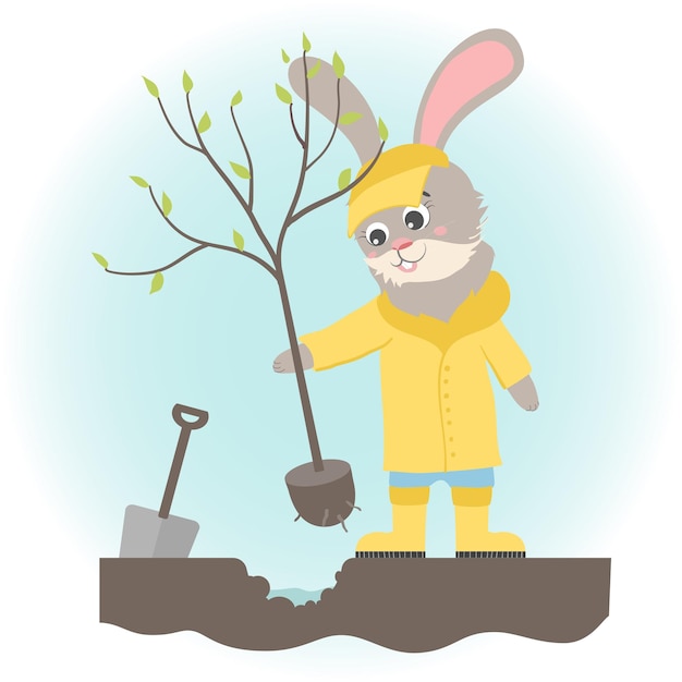 Bunny plants trees in a yellow raincoat and rubber boots