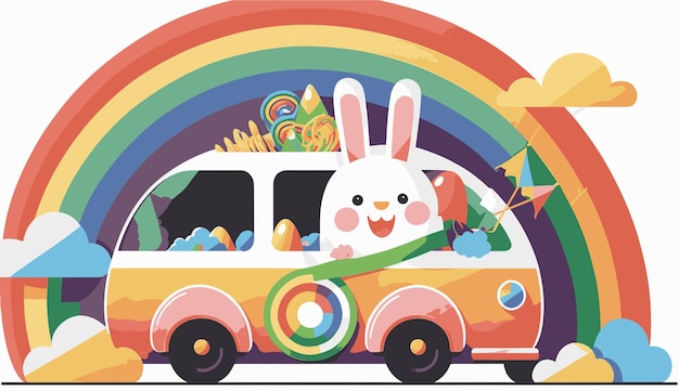 Bunny in the rainbow bus