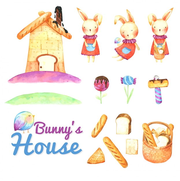 Bunny&#39;s Bread House Cartoon in waterverf