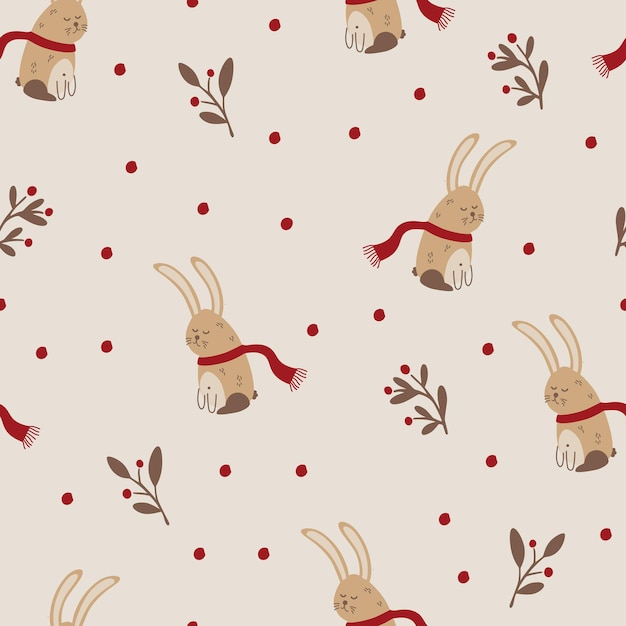 Бесшовный векторный рисунок кролика. Ограниченная палитра идеально подходит для печати текстильной оберточной бумаги. Простая ручная иллюстрация персонажа лесного кролика в скандинавском стиле.