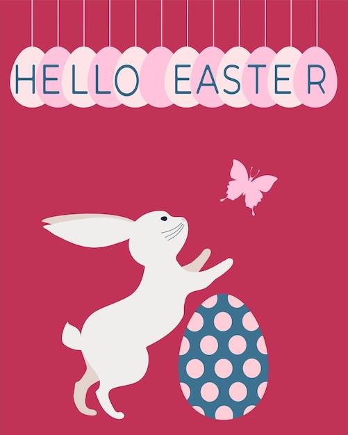 Bunny silhouette colorful eggs happy easter lettering vector illustration isolated on pink background