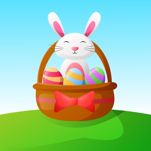 A bunny sitting in a basket with easter eggs in it.