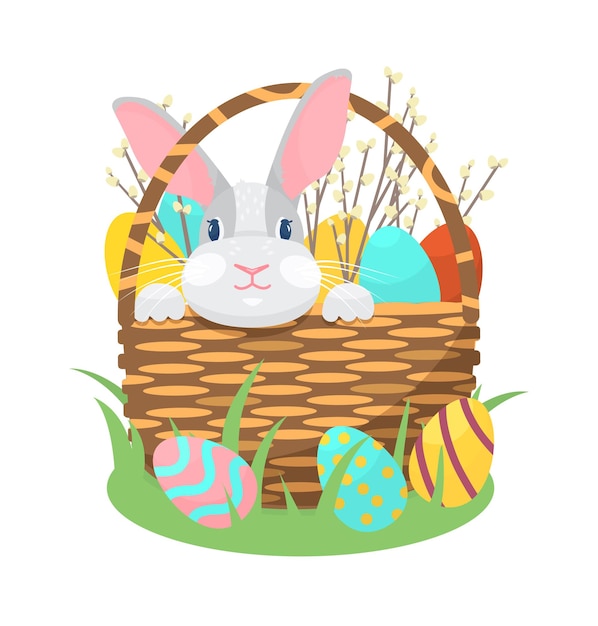 bunny sitting in a basket with Easter eggs and willow branches