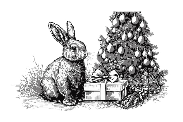 Кролик сидит под елкой Черный цвет в стиле эскиза Векторная иллюстрация
