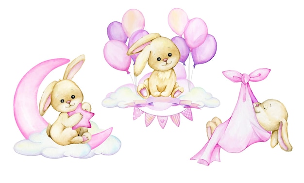 Bunny, sitting on a cloud, on a background of pink balloons. Watercolor clipart, in a cartoon style.