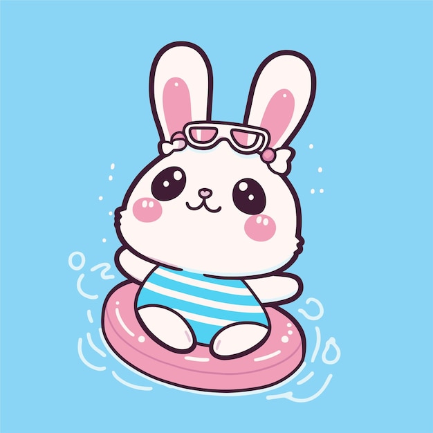 Bunny in a swimsuit with a swim ring and a swimsuit.