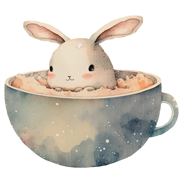 bunny in teacup cartoon in watercolor style