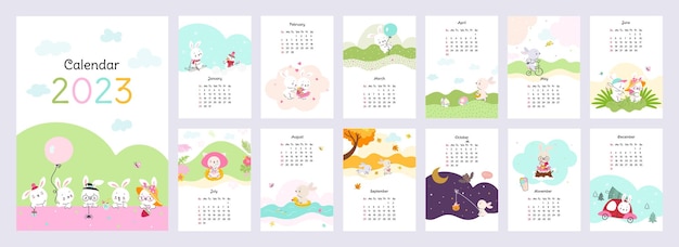 Bunny wandkalender 2023 nieuwjaar Keuken kalenders pagina's sjabloon met konijnen Kid leuke dieren in verschillende seizoenen Cartoon konijn voor planner vector ontwerp van organisator met mascotte illustratie