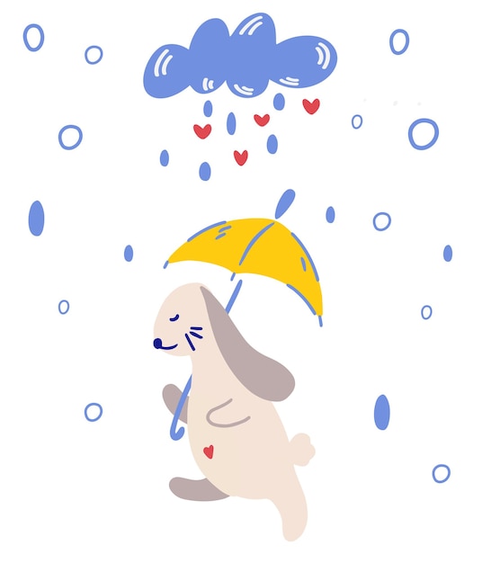 雨の中で傘をさしてバニー。動物のキャラクター。雨天。スカンジナビアの幼稚な保育園のデザイン。アパレル、保育園、カード、ポスターの幼稚なプリント。手描きイラスト