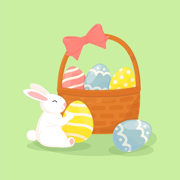 Bunny with a basket of easter eggs vector illustration cute bright isolated elements on background