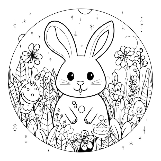 A bunny with a basket of flowers in the middle of it.